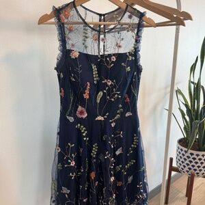 Morgan & Co. Navy Floral Embroidered Mesh Dress